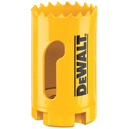 A yellow DEWALT branded hole saw with sharp teeth and an oval-shaped side opening, used for drilling large holes in materials.