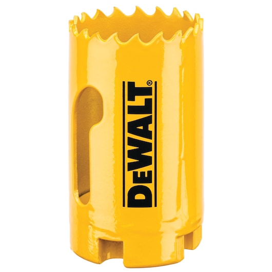 A yellow DEWALT hole saw with sharp teeth on the top edge, designed for cutting circular holes in materials.