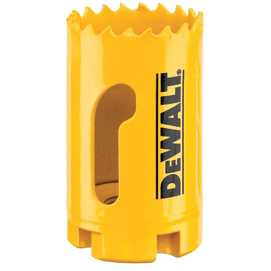 A close-up image of a yellow DEWALT hole saw drill bit with sharp serrated edges and the DEWALT logo printed vertically on the side.