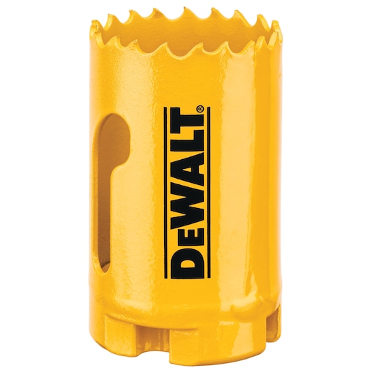 A yellow DEWALT hole saw with serrated cutting edge and side opening, used for drilling large holes in materials.