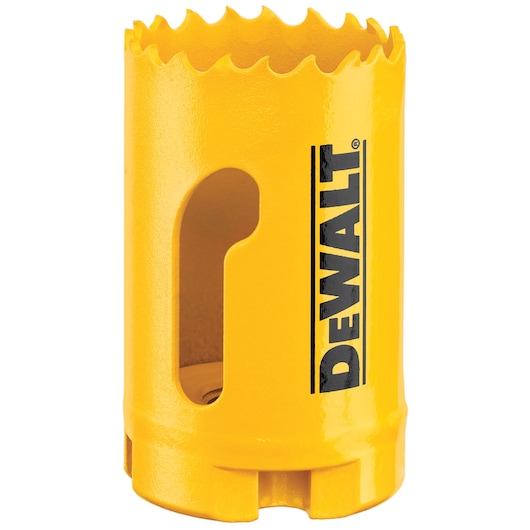 A close-up image of a yellow DEWALT hole saw with jagged cutting teeth and the DEWALT logo printed on the side.