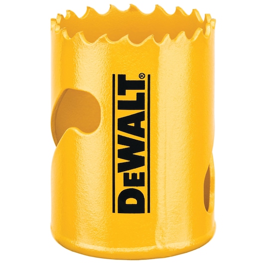 A yellow hole saw drill bit with sharp teeth and ventilation holes, featuring the DEWALT logo printed vertically on its side.
