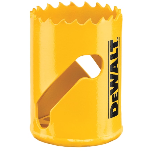 A yellow DEWALT hole saw with sharp teeth and side openings, designed for cutting holes in various materials.