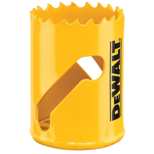 A yellow DEWALT hole saw with sharp teeth and side openings, used for drilling circular holes in materials.