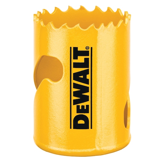 A yellow DEWALT hole saw with jagged cutting teeth and side openings, used for drilling holes in materials.
