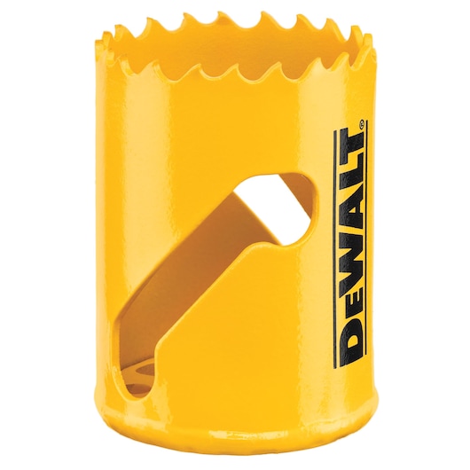 A close-up of a yellow DEWALT hole saw with sharp teeth on the edge and the DEWALT logo printed vertically.