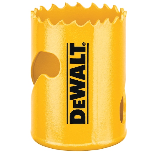 A yellow DEWALT hole saw with a jagged cutting edge and ventilation holes, designed for drilling through materials.