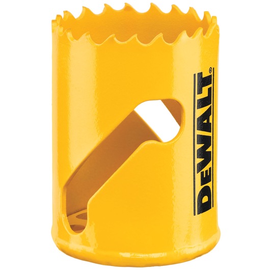 A yellow DEWALT hole saw drill bit with sharp teeth and side openings, used for cutting precise circular holes in materials.
