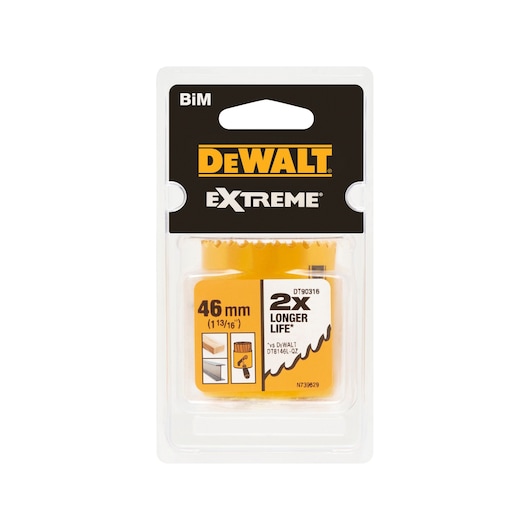Packaged DEWALT Extreme BiM hole saw, SKU DT90316, 46 mm size, with claims of 2x longer life compared to other DEWALT products. The packaging is clear with yellow and black accents, and includes icons indicating usage for wood and metal.