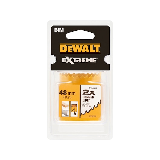 Packaged DEWALT Extreme BiM holesaw, 48mm (1 7/8 inch) size, marked with '2x longer life' for use on various materials.