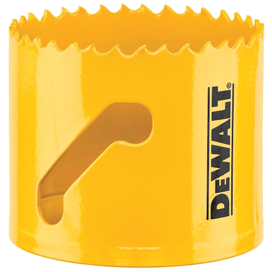 Close-up image of a yellow DEWALT hole saw with sharp teeth along the top edge and two angled openings on the side.