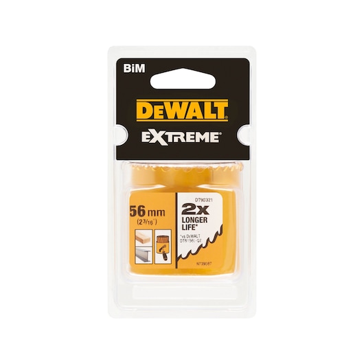 Packaged DEWALT Extreme BiM hole saw, 56 mm size, yellow color, displayed in clear plastic packaging showing product details and branding.