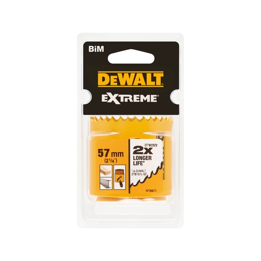Packaged DEWALT EXTREME hole saw, model DT90322, 57 mm size, BiM material, with label indicating 2x longer life, suitable for use on wood and metal.
