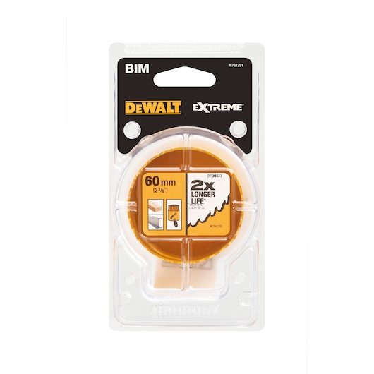 Packaged DEWALT Extreme BiM hole saw, 60 mm size, model DT90323, designed for longer life and suitable for cutting materials such as wood and metal.