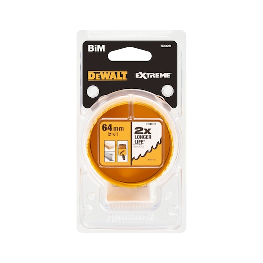 DEWALT EXTREME BiM hole saw in retail packaging, 64 mm (2-1/2 inch) diameter, labeled for longer life and suitable for cutting through materials such as wood and metal.