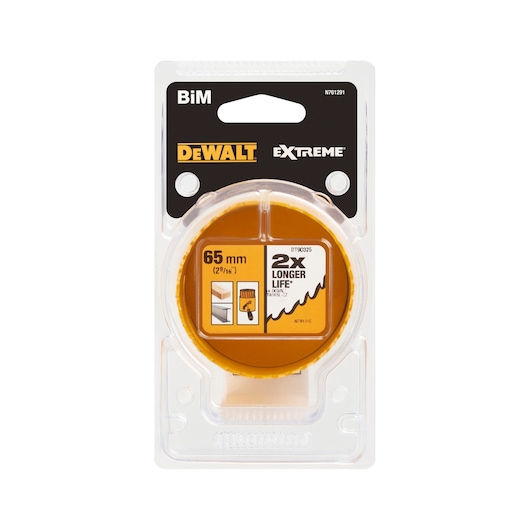 DEWALT Extreme BiM hole saw in retail packaging. The hole saw is 65 mm in diameter and is labeled with 2x longer life. Suitable for cutting through various materials.