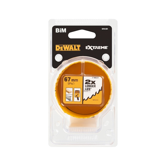 DEWALT Extreme BiM hole saw in retail packaging, model DT90326, 67mm size, highlights 2x longer life and suitable for cutting wood and metal.