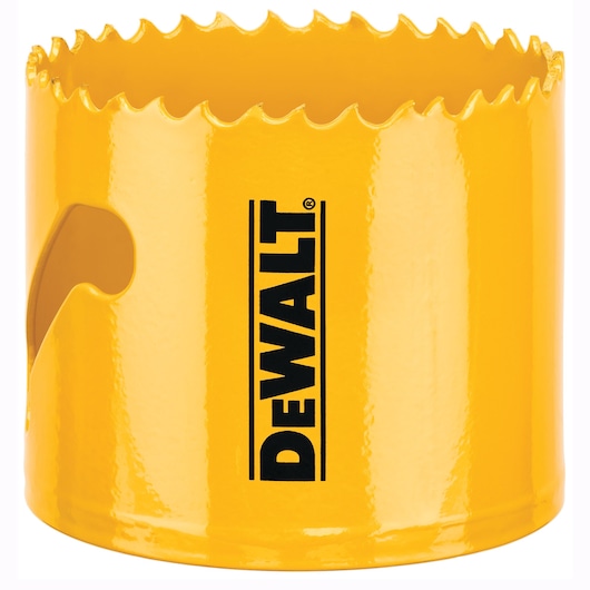 Yellow DEWALT hole saw with sharp teeth, used for cutting circular holes in materials.