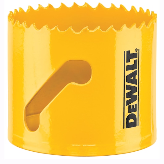 A yellow DEWALT hole saw with sharp teeth, used for cutting circular holes in materials such as wood or metal.