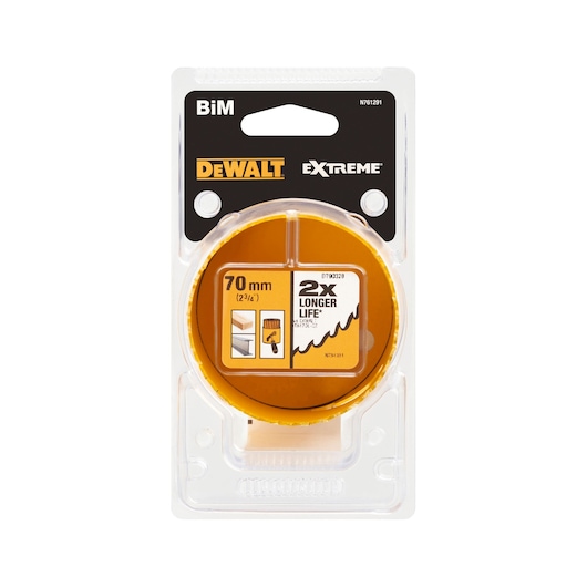 Packaged DEWALT Extreme 70 mm hole saw, BiM type, with labeling indicating 2x longer life. Product is in a transparent plastic blister pack.