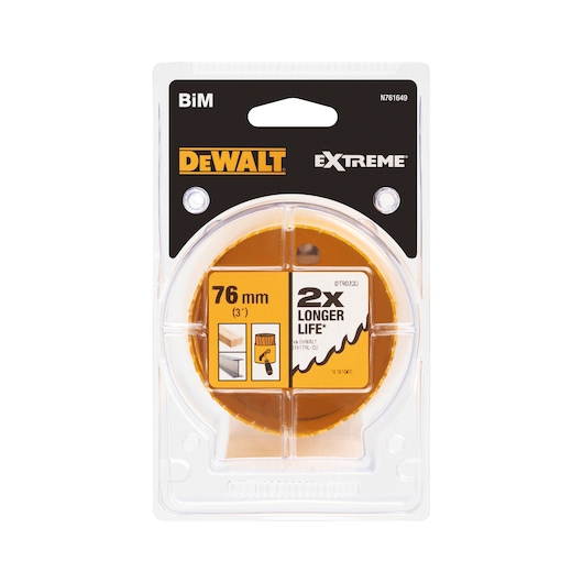 Packaged DEWALT Extreme BiM hole saw, model DT90330, 76 mm (3 inch) size, suitable for cutting wood and metal, with claim of 2x longer life.