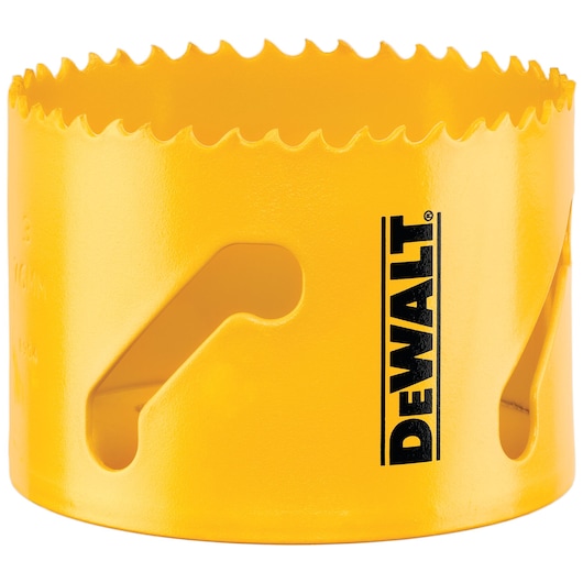 Close-up image of a yellow DEWALT hole saw with sharp teeth and side openings, used for cutting circular holes in materials.