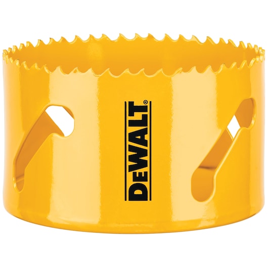 Yellow DEWALT hole saw with serrated metal teeth and side openings, designed for cutting holes in materials.
