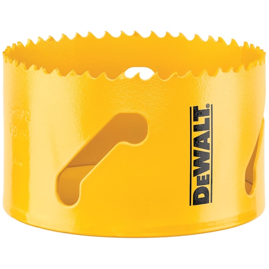 Close-up image of a yellow DEWALT hole saw with serrated cutting edge, used for drilling large holes in materials such as wood or metal.
