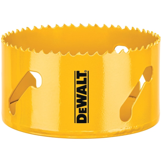 A close-up of a yellow DEWALT hole saw with sharp teeth and side openings, used for cutting holes in materials.