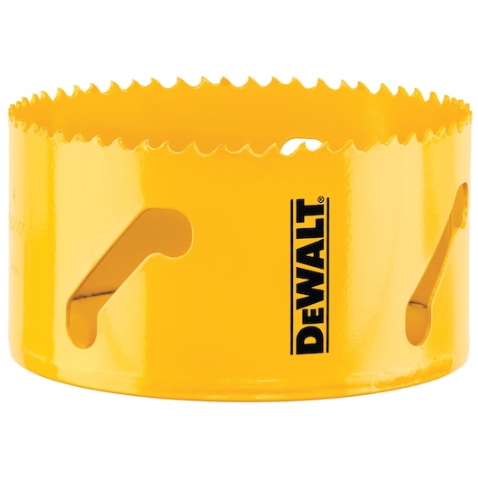 Close-up image of a yellow DEWALT hole saw with sharp teeth, used for drilling circular holes in materials.