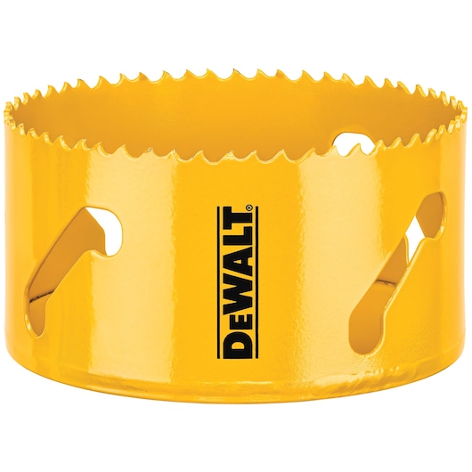 Yellow DEWALT hole saw with sharp teeth, shown close-up against a white background.