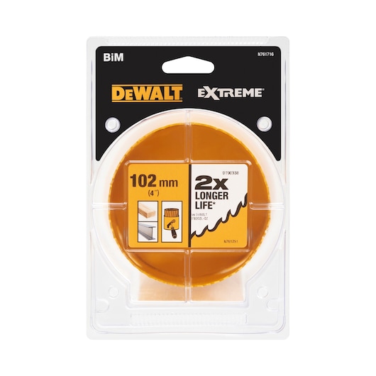 Packaged DEWALT Extreme BiM saw blade, 102 mm (4 inches) size, shown in a transparent plastic case. The packaging highlights '2x longer life' and includes images for wood and construction use.
