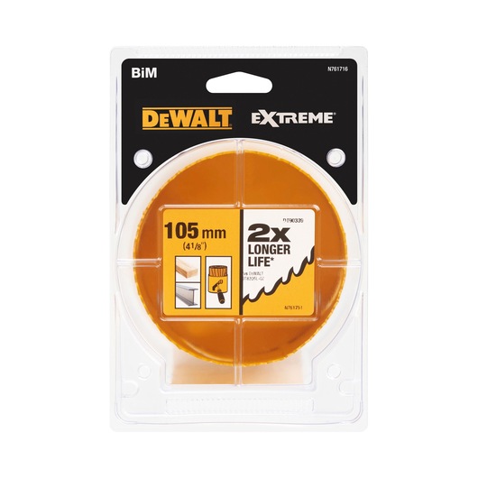 Packaged DEWALT Extreme BiM hole saw, 105 mm (4 1/8 inch) diameter, shown in clear plastic packaging with branding and product information displayed.