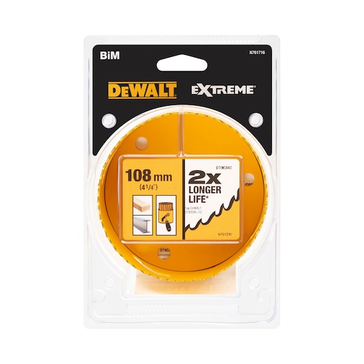 DEWALT Extreme BiM hole saw in retail packaging, model DT90340, 108 mm diameter. The packaging highlights '2x longer life' and shows icons indicating use for wood and metal materials.