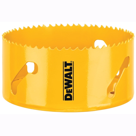 A yellow DEWALT branded hole saw with sharp teeth around the edge, designed for cutting large circular holes in materials.