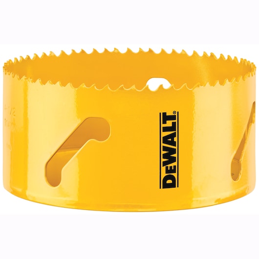A close-up of a yellow DEWALT hole saw with serrated edges, used for drilling circular holes in materials.