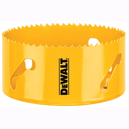 A yellow DEWALT hole saw with sharp teeth and multiple slots on the side, designed for cutting circular holes in materials.