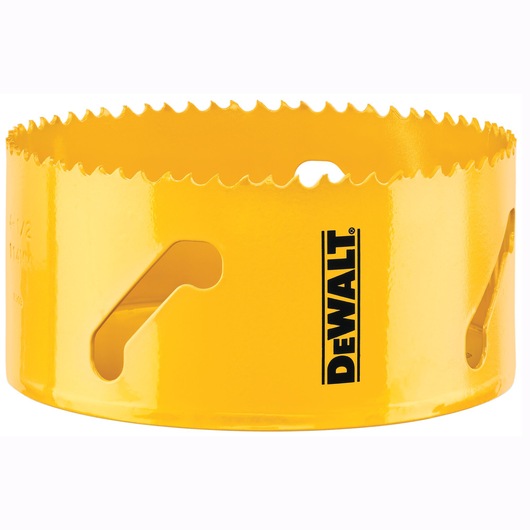 A yellow DEWALT hole saw with sharp teeth, used for cutting precise holes in materials such as wood and metal.