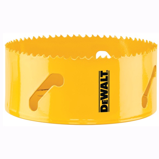 A yellow DEWALT hole saw with sharp teeth along the edge, designed for cutting circular holes in materials.