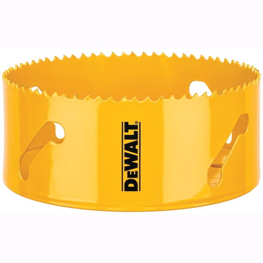 A close-up view of a yellow DEWALT hole saw with sharp teeth and ventilation slots, designed for cutting precise holes in various materials.