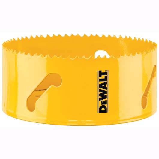 A yellow DEWALT hole saw with sharp teeth around the edge, designed for cutting holes in materials.