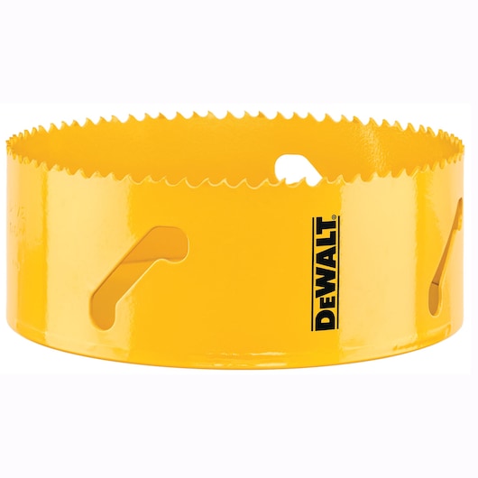 A yellow DEWALT hole saw with sharp teeth around the edge and the DEWALT logo printed on the side.