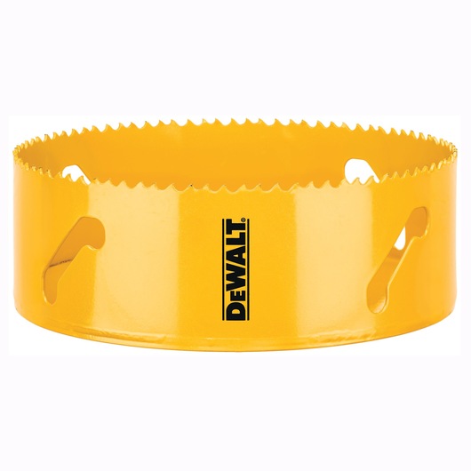 A yellow DEWALT hole saw with sharp teeth and slots on the sides, designed for cutting holes in materials.