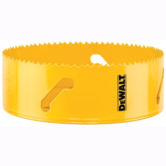 A yellow DEWALT hole saw with sharp serrated edge and ventilation slots, designed for cutting circular holes in various materials.