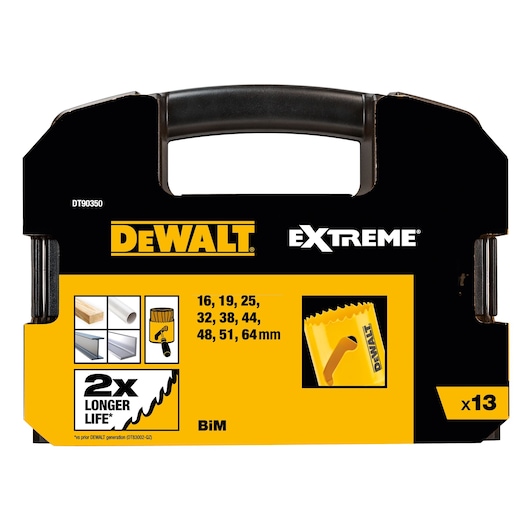 Front view of a DEWALT DT90350 Extreme hole saw set packaging, featuring the DEWALT logo, product sizes (16, 19, 25, 32, 38, 44, 48, 51, 64 mm), images of cutting materials, and an illustration of a yellow hole saw. The box indicates BiM composition, contains 13 pieces, and claims 2x longer life.