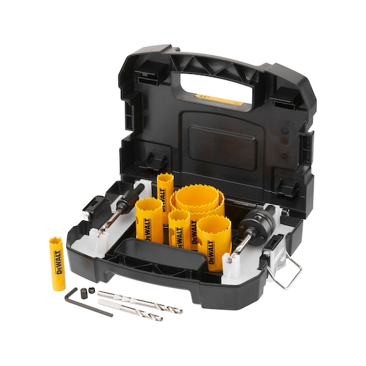 DEWALT hole saw kit in a black case with yellow saw blades, drill bits, and accessories.