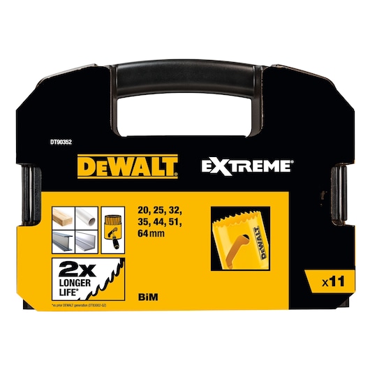 DEWALT Extreme DT90352 hole saw set case, 11 pieces, shown with product info and sizes on yellow-black packaging.