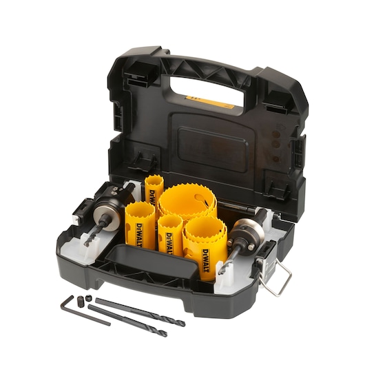 DEWALT hole saw kit with yellow saws, drill bits, and accessories in a black carrying case.