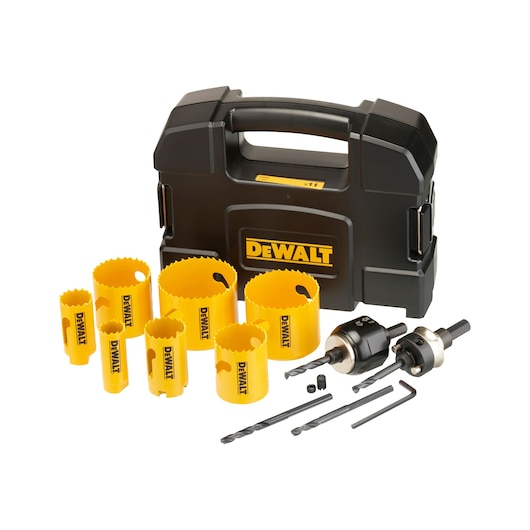 DEWALT hole saw set with yellow saws, accessories and black case, arranged on white background.
