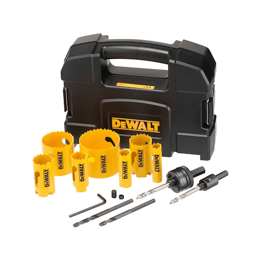 DEWALT hole saw kit with yellow saws, drill bits, accessories, and a black carrying case.
